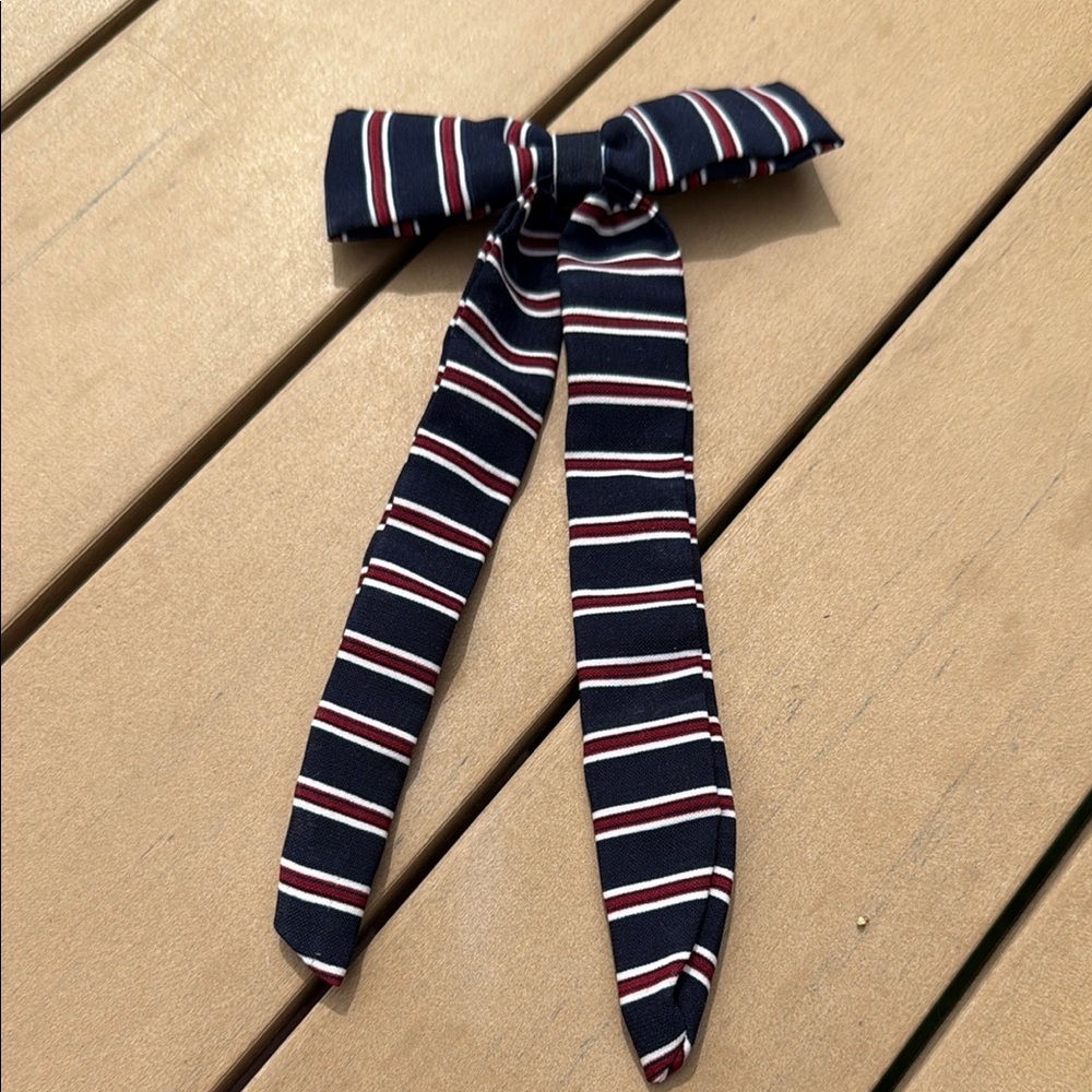 Vintage boys clip on Navy blue and burgundy striped with white bowtie 8/9” long